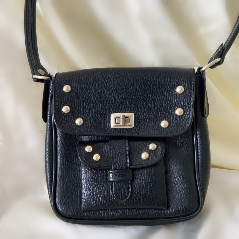 Vintage 80s black leather silver rivet purse shoulder bag - Picture 2 of 4
